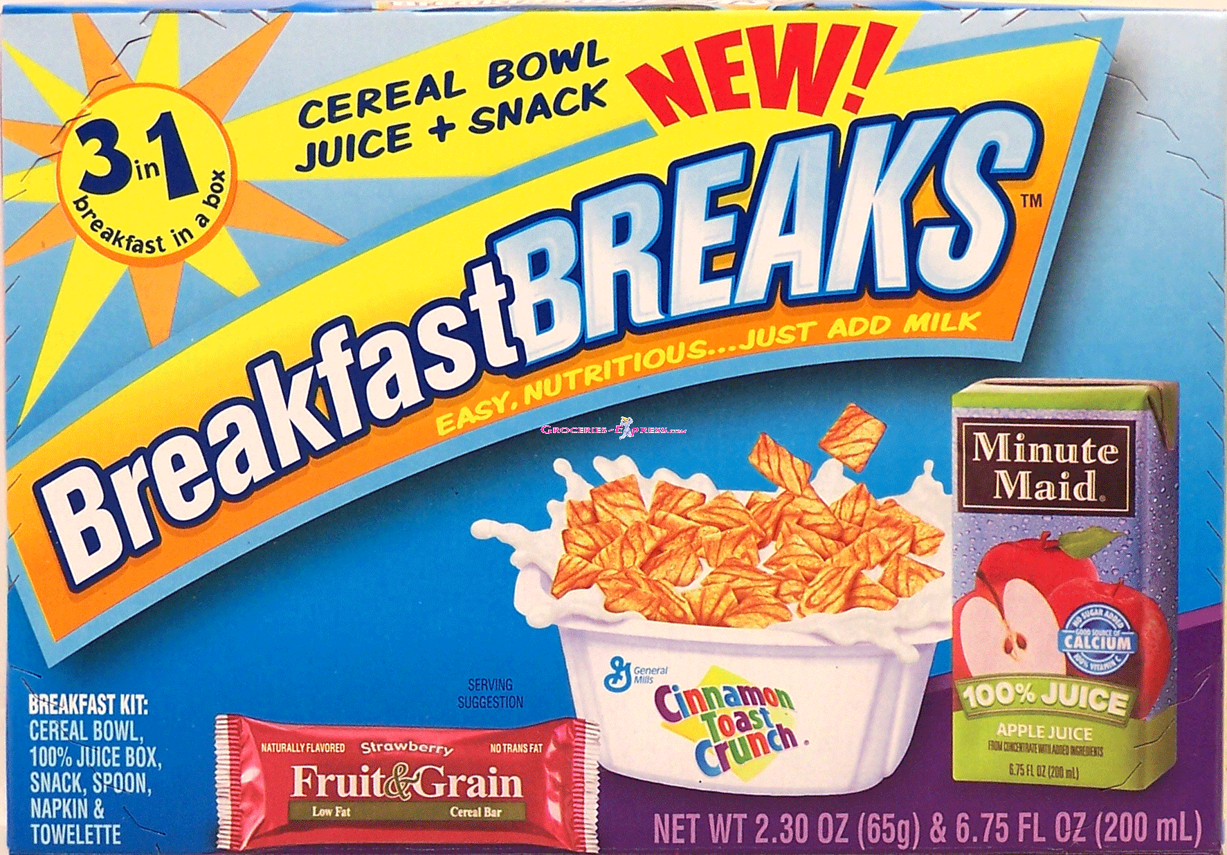 Breakfast Breaks cinnamon toast crunch cereal, minute maid apple juice, cereal bar breakfast kit, just add milk Full-Size Picture